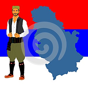 Republic of Serbia map isolated on Serbian flag background. Serbia wears, Balkan folklore culture.