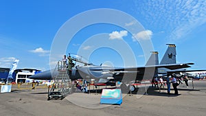 Republic of Singapore Air Force (RSAF) F-15SG twin engine air superiority fighter jet on display at Singapore Airshow