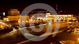 Republic Square with illuminated musical fountain and History Museum, timelapse