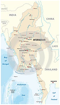 Republic of the Union of Myanmar vector map with major cities