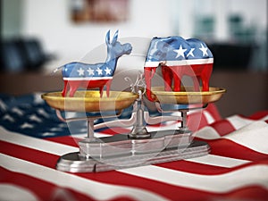 Republican and Democrat party political symbols elephant and donkey on American flag. 3D illustration