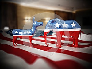 Republican and Democrat party political symbols elephant and donkey on American flag. 3D illustration