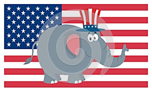 Republican Elephant Cartoon Character With Uncle Sam Hat Over USA Flag