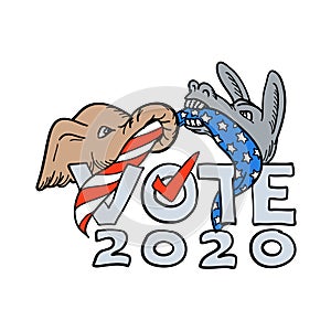 Republican Elephant and Democratic Donkey in Tug-O-War USA Flag Vote 2020 Cartoon