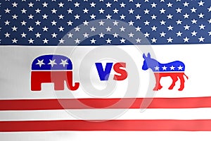 Republican elephant vs Democratic donkey emblem icon on american flag illustration design, USA Presidential election 2020