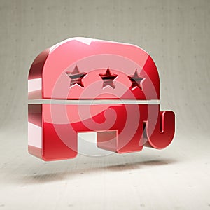 Republican icon. Red glossy metallic Republican symbol isolated on white concrete background