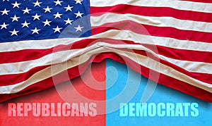 Republicans, Democrats text on red and blue color background. USA elections choice