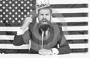 Reputable businessman handsome man sit desk american flag background, fame and glory concept