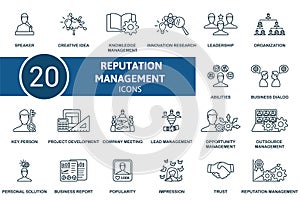 Reputation management outline icons set. Creative icons: speaker, creative idea, knowledge management, innovation