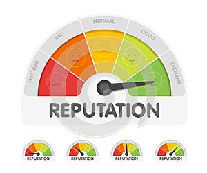 Reputation meter withdifferent emotions. Measuring gauge indicator vector illustration. Black arrow in coloured chart photo