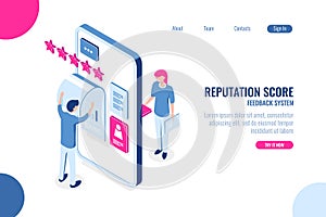 Reputation score isometric concept, opinion with star on mobile phone app, feedback, ux ui desing, application photo