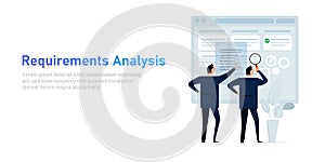 Requirement analysis in business or system development creating software requirement and specification describing user