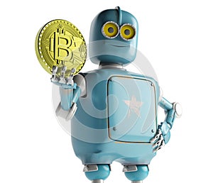 Rero Robot holding Bitcoin. Isolate on white. Crypto Currency.