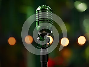 Rero styled image of a microphone on bokeh lights background