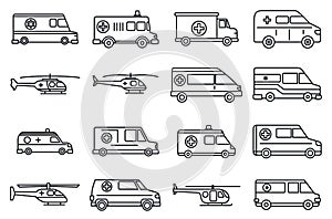 Rescue ambulance icons set, outline style