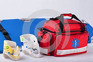 Rescue bag, cervical collars and stretcher