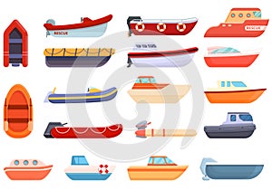 Rescue boat icons set, cartoon style