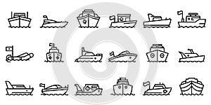 Rescue boat icons set, outline style