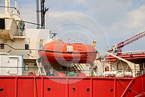 Rescue boat or lifeboat, the boat on mounting bracket