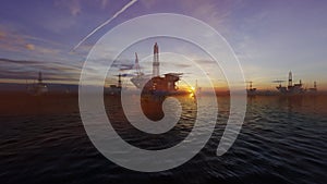 Rescue Boat on Offshore Oil Rig with Helicopter flying against beautiful sunrise, 4k