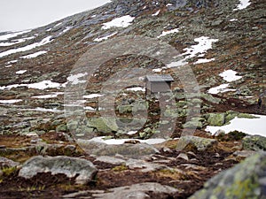 Rescue cabin next to the small pond on the mountain way to the Trolltunga