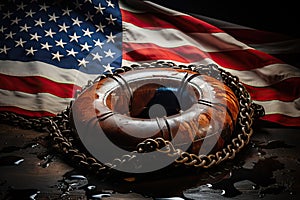 Rescue concept, help from america, lifebuoy with american flag.