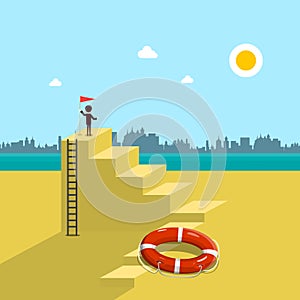 Rescue Concept Vector Design. Man Holding Flag on the Top of Stairs with Rescue Circle - Lifebuoy and River with City Skyline