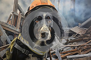 Rescue dog n helmet against the background of ruins AI