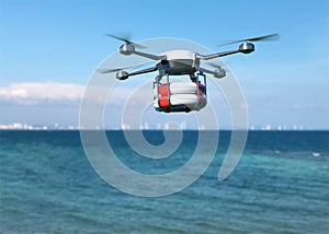 Rescue drone with lifebuoy flying over the ocean.