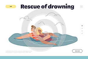 Rescue of drowning concept of landing page with beach lifeguard saving unconscious woman from sea