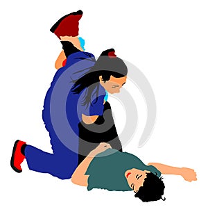 Rescue drowning first aid illustration. Patient woman in unconscious.