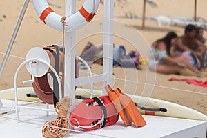 Rescue equipment on the beach: lifeline, flippers, rope and more.