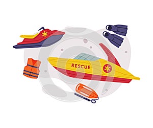Rescue Equipment with Boat as Specialized Machine and Emergency Vehicle for Urgent Saving of Life Vector Illustration