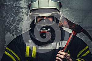 Rescue firefighter man in oxygen mask.