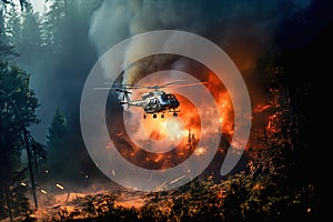 A rescue helicopter flies over wildfires.