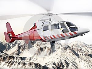 Rescue helicopter in flight over snow capped mountains