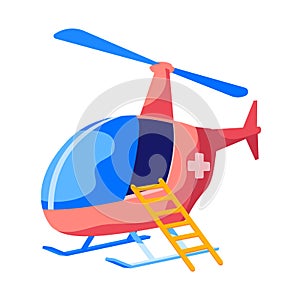 Rescue Helicopter Flying Ambulance with Cross on Red Fuselage and Ladder Isolated on White Background