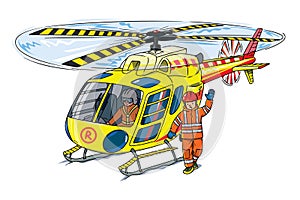 Rescue helicopter and lifeguard or rescuer Cartoon