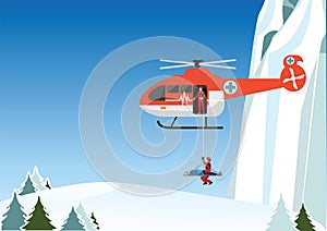 Rescue helicopter. Rescuers rescue mountain climbers in the mountains. photo