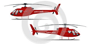 Rescue helicopter side view on a isolated white background. Red medical evacuation helicopter. Ambulance helicopter