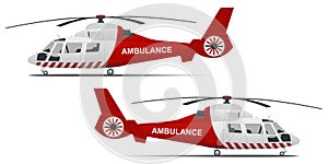 Rescue helicopter side view on a isolated white background. Red medical evacuation helicopter. Ambulance helicopter