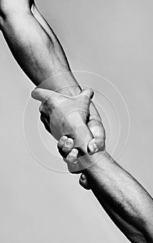 Rescue, helping gesture or hands. Strong hold. Two hands, helping hand of a friend. Handshake, arms, friendship