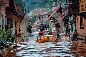 Rescue operation. Male rescuers sail a boat through the flooded old town during a flood photo