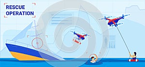 Rescue operation, modern transport, reliable safety, drowning in sea, sinking boat, design in cartoon style, vector