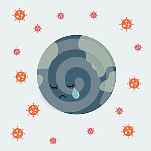 Coronavirus attacking the earth, earth crying cartoon