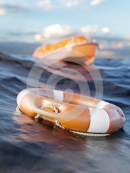 Rescue ring and boat in the sea 3d render