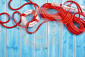 Rescue rope with life preserver and bottle