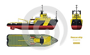 Rescue ship. Top, side and front view. Industry 3d blueprint in realistic style. Isolated drawing of boat