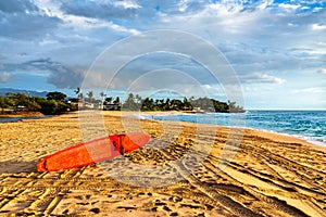 Rescue surf board on Makaha Beach in West Oahu Island, Hawaii