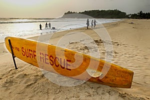 Rescue surf board at Palolem beach,ready for use during off season,southern Goa,India